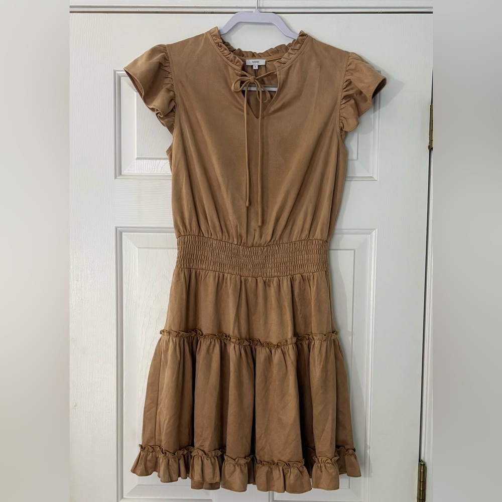 VOY Faux Suede Smocked Tiered Dress | S | Boho Western